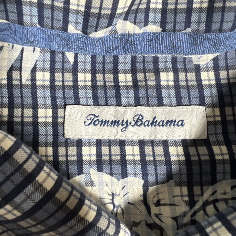 Tommy Bahama Shirt Mens Large Blue Floral Plaid 100% Silk Casual Preppy Pocket - Picture 9 of 12